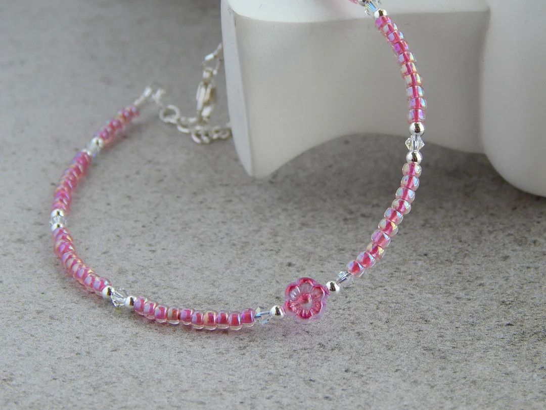 Pink Flower Anklet for Women, Sterling Silver Anklet, Flower Ankle Bracelet, Seed Bead Anklet, Fl... | Etsy (US)
