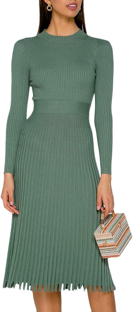 SEMATOMALA Women's Turtleneck Ribbed Fit and Flare Knit Bodycon Long Sleeve Top Pleated Skirt Max... | Amazon (US)