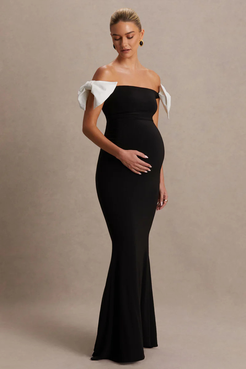 Didi  Black & White Bardot Bow Detail Maternity Maxi Dress | Club L London