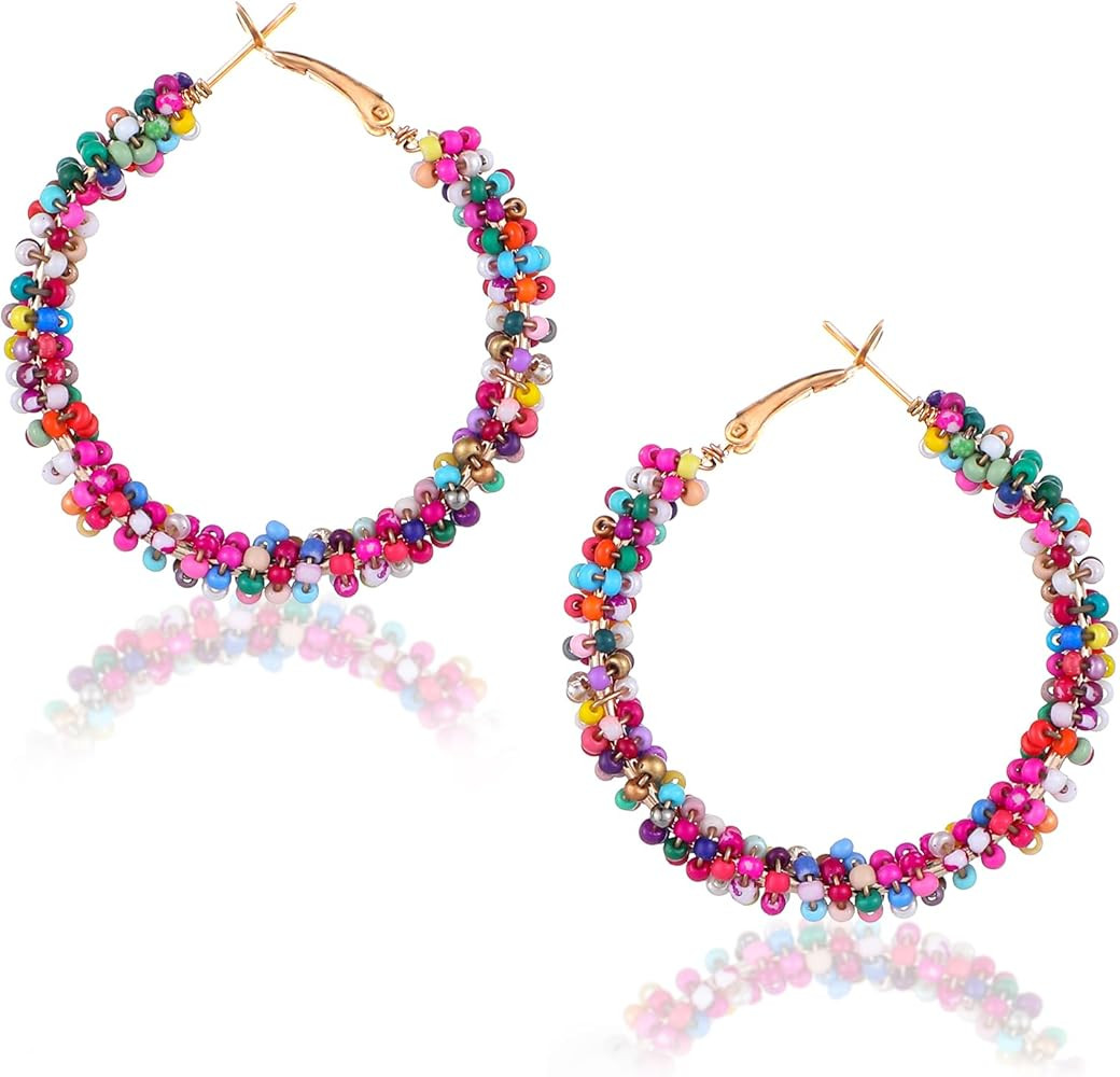 Boho Flower Hoop Earrings, Boho Beaded Earrings for Women, Colorful Daisy Hoop Earrings | Amazon (US)