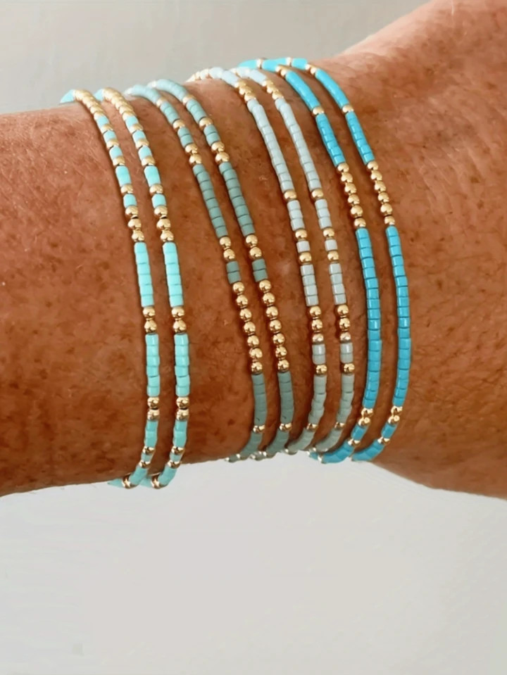 4pcs/Set Turquoise Seed Bead Stretch Bracelets, Bohemian Style Golden Glass Beads Handmade Girls ... | SHEIN