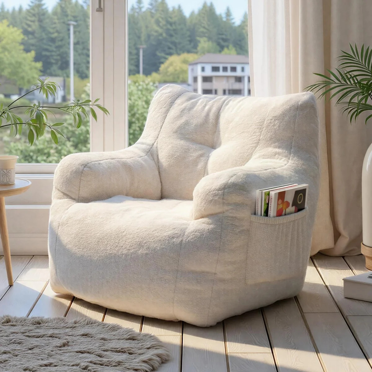 Compression 37"W Soft Teddy Adult Foam Filled Bean Bag Chairs,Ivory White | Wayfair North America