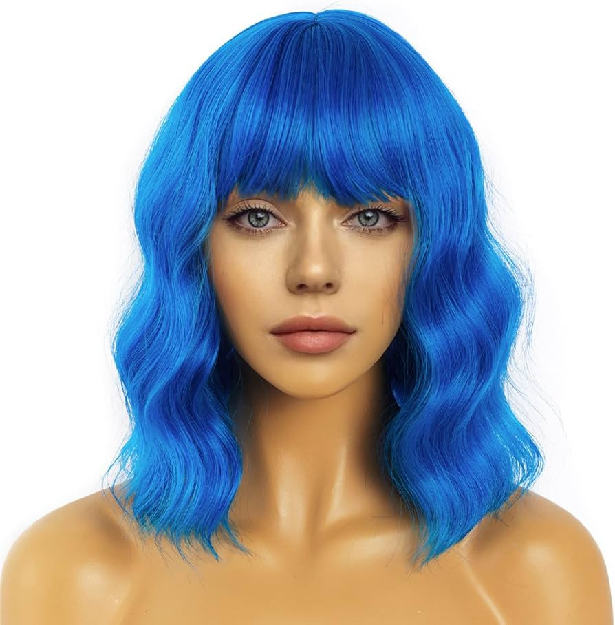 Short Bob Wavy Wig with Bangs for Women Loose Curly Shoulder Length Synthetic Cosplay Wig Bob for... | Amazon (US)