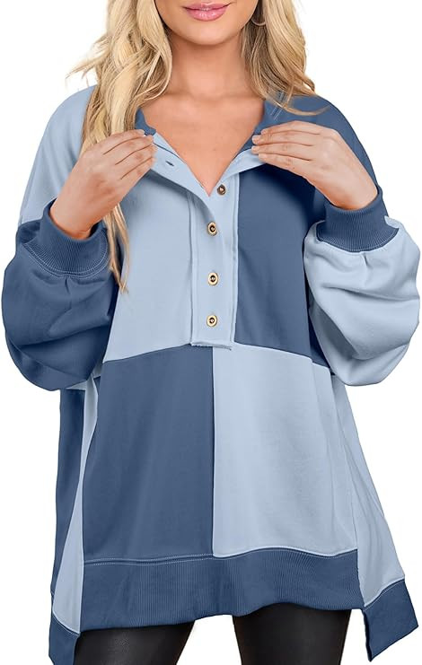 SHEWIN Womens Oversized Color Block Sweatshirts Casual Loose Button Henley Pullover Tops | Amazon (US)