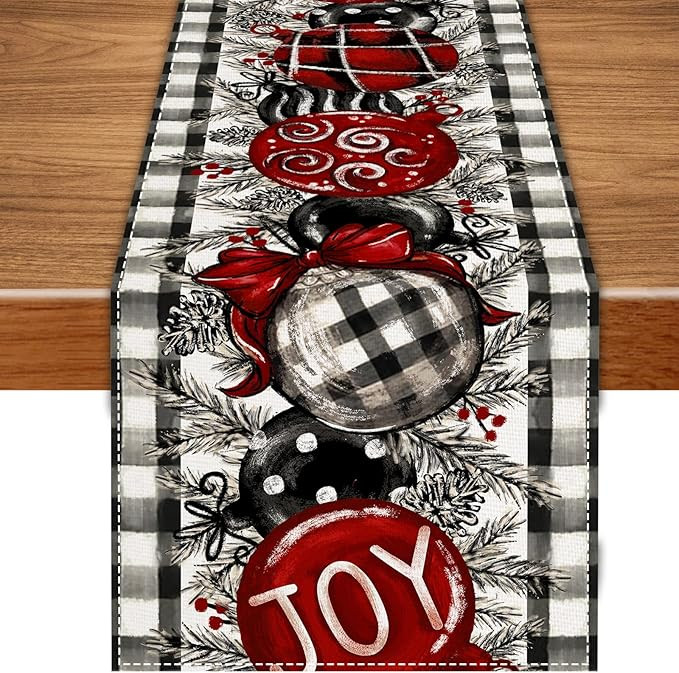 White and Black Buffalo Plaid Christmas Table Runner,Christmas Balls Joy Pine Branch Seasonal Win... | Amazon (US)