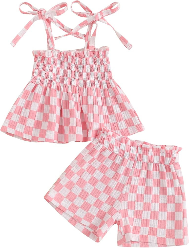 Lamuusaa Toddler Baby Girl Summer Clothes Sleeveless Strap Tank Top Cami Checkerboard Cotton Line... | Amazon (US)