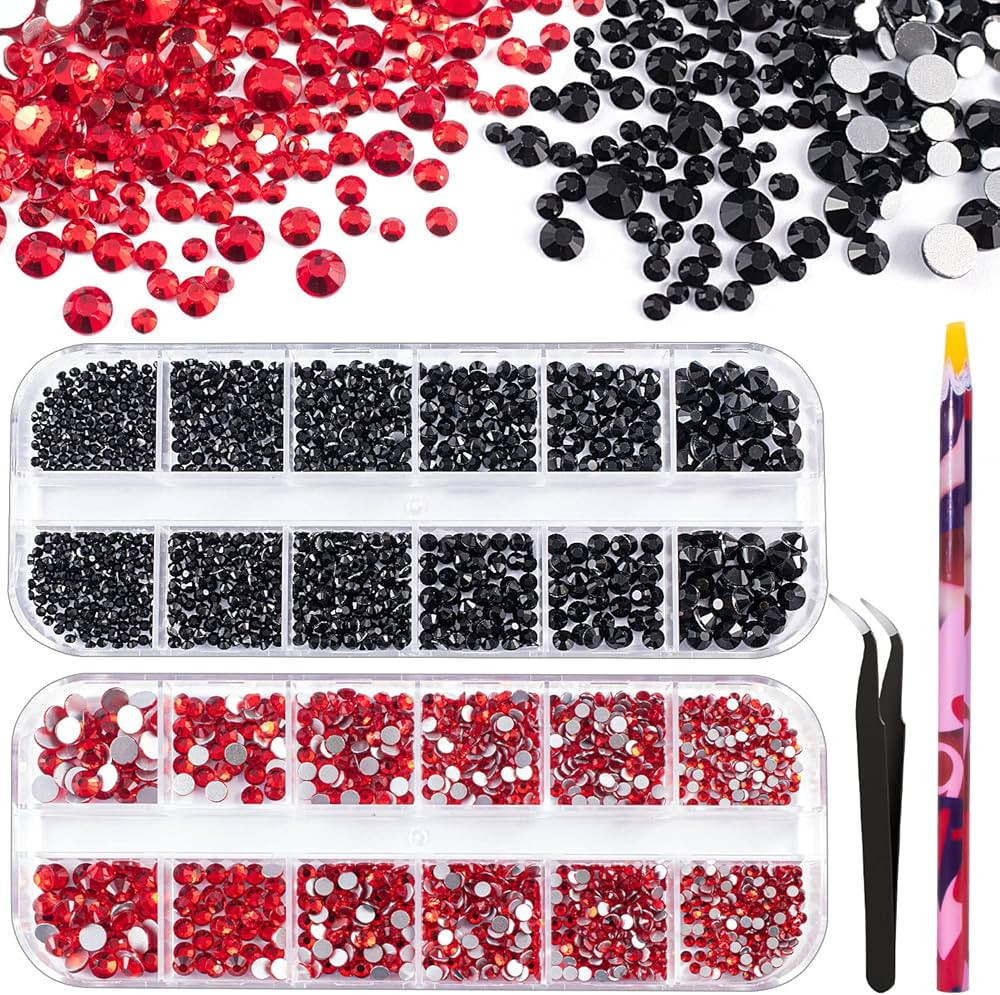 3440PCS 6 Sizes Black and Red Glass Crystal Kit with Pickup Pen + Tweezer Tools for Iridescent Sh... | Amazon (US)