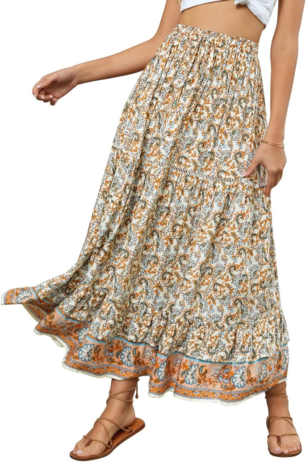 KANCY KOLE Womens Boho Floral Print Maxi Skirt Elastic Tie Waist Ruffle Flowy Swing A-Line Long S... | Amazon (US)