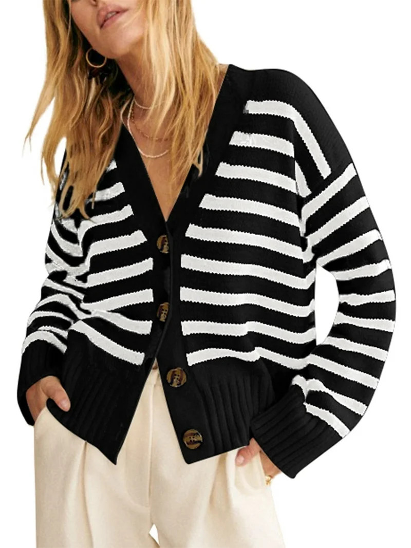 SHEWIN Cardigan for Womens Button Down Striped Sweaters Long Sleeve V Neck Lightweight Open Front... | Walmart (US)