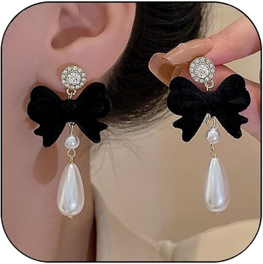 Bow Earrings for Women Pearl Stud Earrings Black Pearl Bow Dangle Drop Earring Trendy Flocking Ta... | Amazon (US)