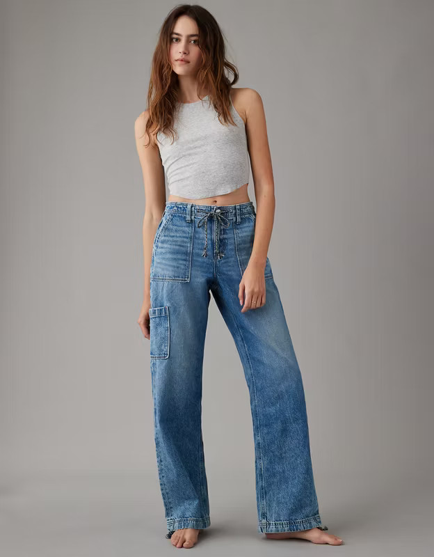 AE Dreamy Drape Stretch High-Waisted Baggy Cargo Jogger Jean | American Eagle Outfitters (US & CA)