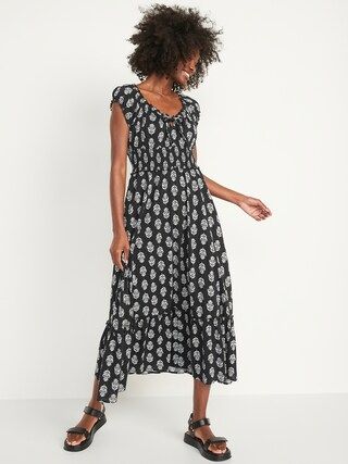 Waist-Defined Short-Sleeve Printed Midi Dress for Women | Old Navy (US)