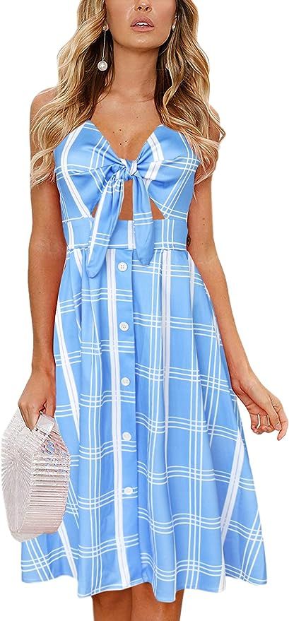 ECOWISH Women Dresses Summer Tie Front V-Neck Spaghetti Strap Button Down A-Line Backless Swing M... | Amazon (US)