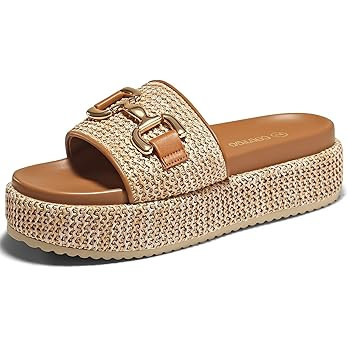 Coutgo Womens Platform Sandals Raffia Espadrilles Metal Chain Slip on Open Toe Cute Beach Slide S... | Amazon (US)