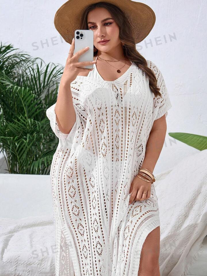 SHEIN Swim Vcay Summer Beach Plus Size Solid Color Batwing Sleeve Cover-Up Long Dress | SHEIN
