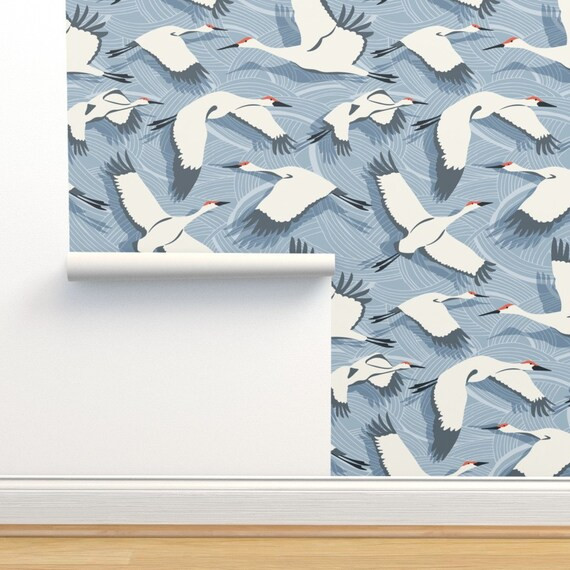 Flying Cranes Wallpaper  Migration Cranes by Heatherdutton  - Etsy | Etsy (US)