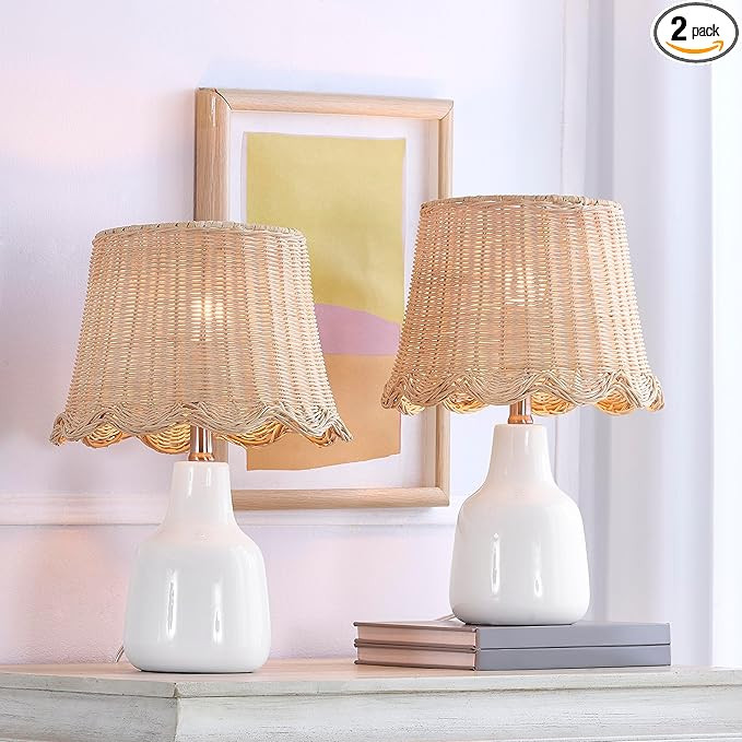 16.5" Farmhouse White Table Lamps Set of 2, Boho White Ceramic Bedside Lamps with Rattan Shade fo... | Amazon (US)