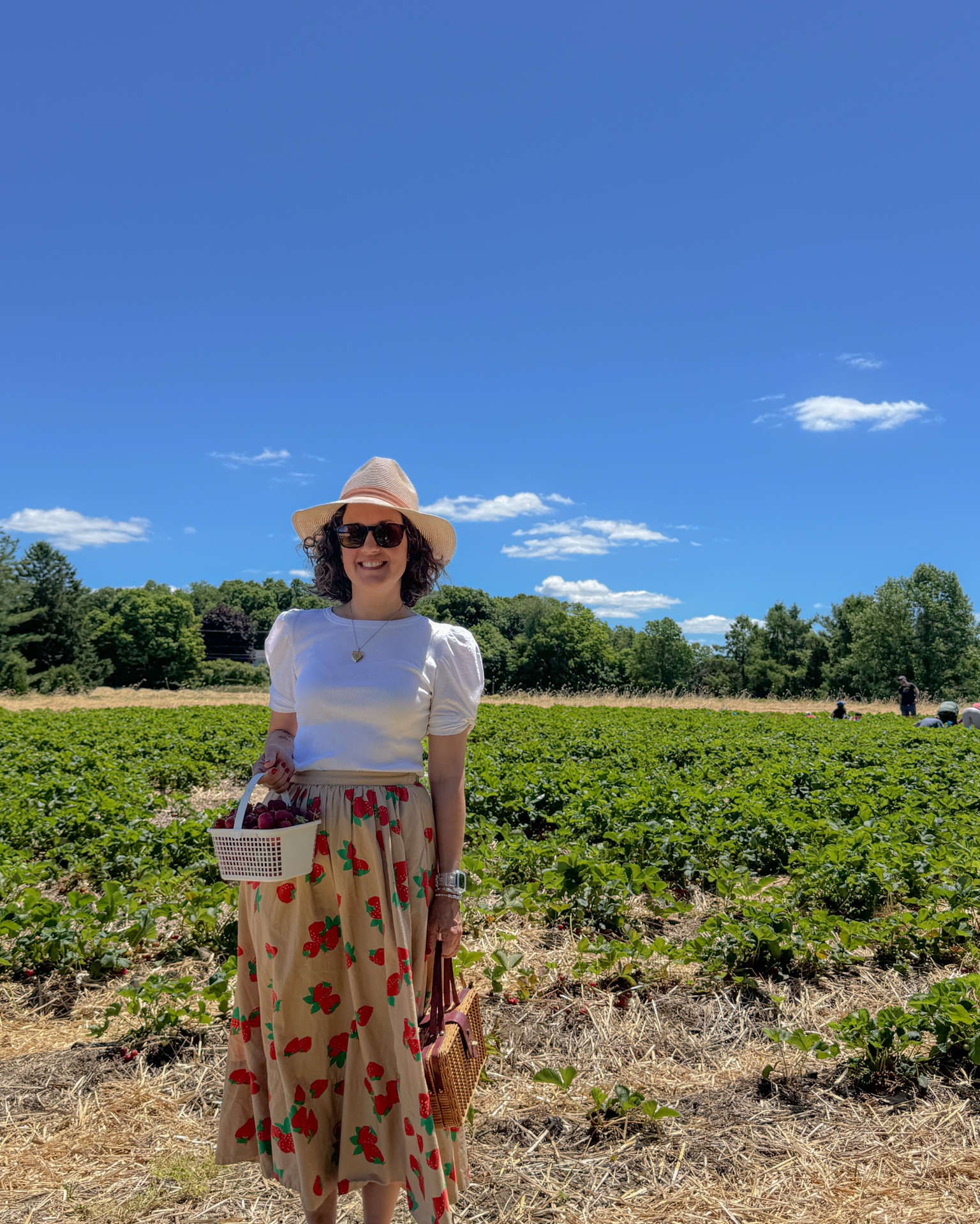 What I wore strawberry picking with the kids! Puff sleeve white top, strawberry printed skirt from Anthropologie (last year), Vionic sneakers and older Nordstrom hat.

#LTKdayinmylife #LTKmomlife #LTKOver40