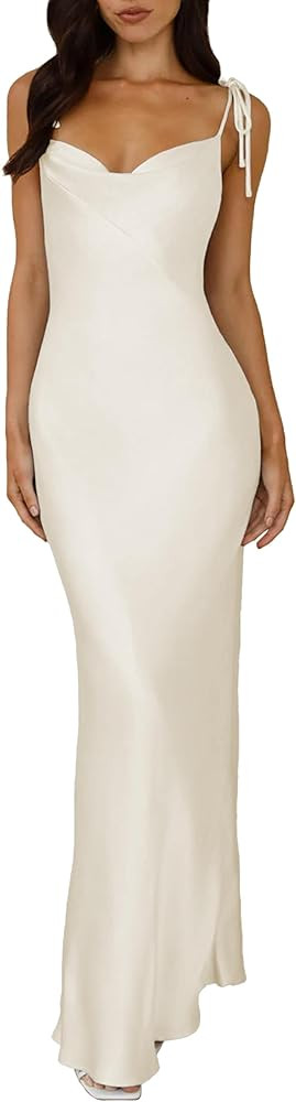 2025 Satin Cowl Neck Spaghetti Strap Slip Maxi Dress for Women Tie Strap Formal Wedding Guest Dre... | Amazon (US)