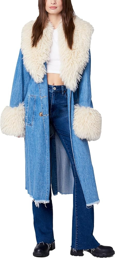 [BLANKNYC] Womens Denim Double Breasted Trech With Mongolian Fur | Amazon (US)