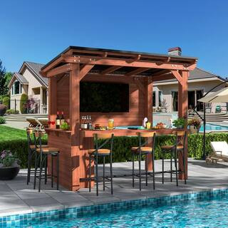 8.5 ft. x 6 ft. Cedar Outdoor Gazebo Pergola Bar with Double-Sides Metal Sloped Roof and Ample Storage Cabinet | The Home Depot