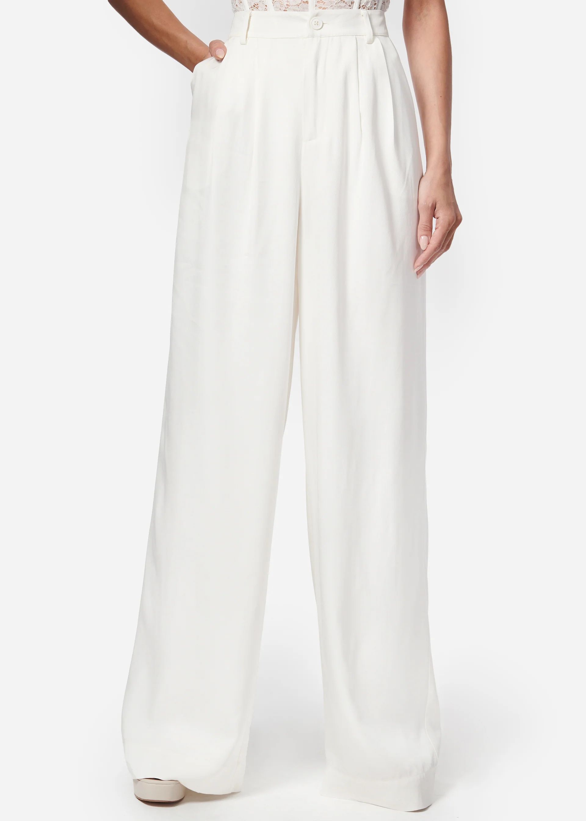 Rylie Rayon Twill Wide Leg Pant White | CAMI NYC