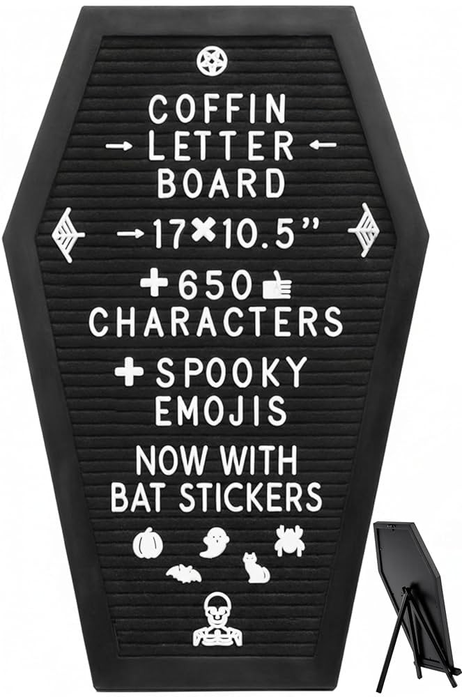 Coffin Letter Board Black +3D Bat Stickers +650 Characters, Spooky & Seasonal Emojis, Wooden Stan... | Amazon (US)