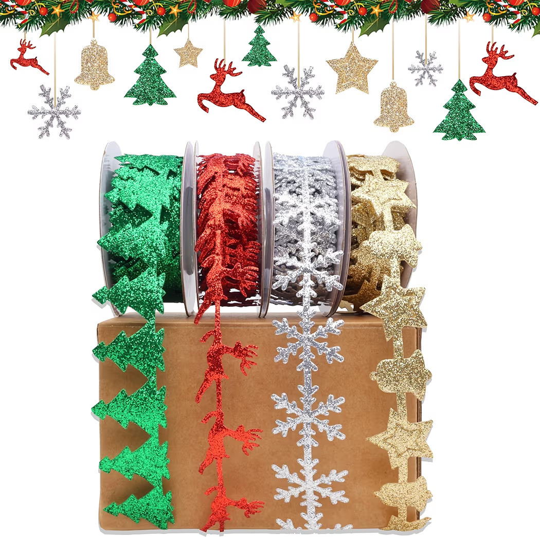 Christmas Ribbon Set for Crafts, 4 Rolls*5Yards Holiday Glitter Ribbon for Christmas Tree Decor G... | Amazon (US)