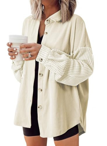 Astylish Womens Corduroy Knit Shacket Jacket Long Sleeve Button Down Shirts Casual Oversized Fall Winter 2024 Color Block Blouses Tops Medium White | Amazon (US)