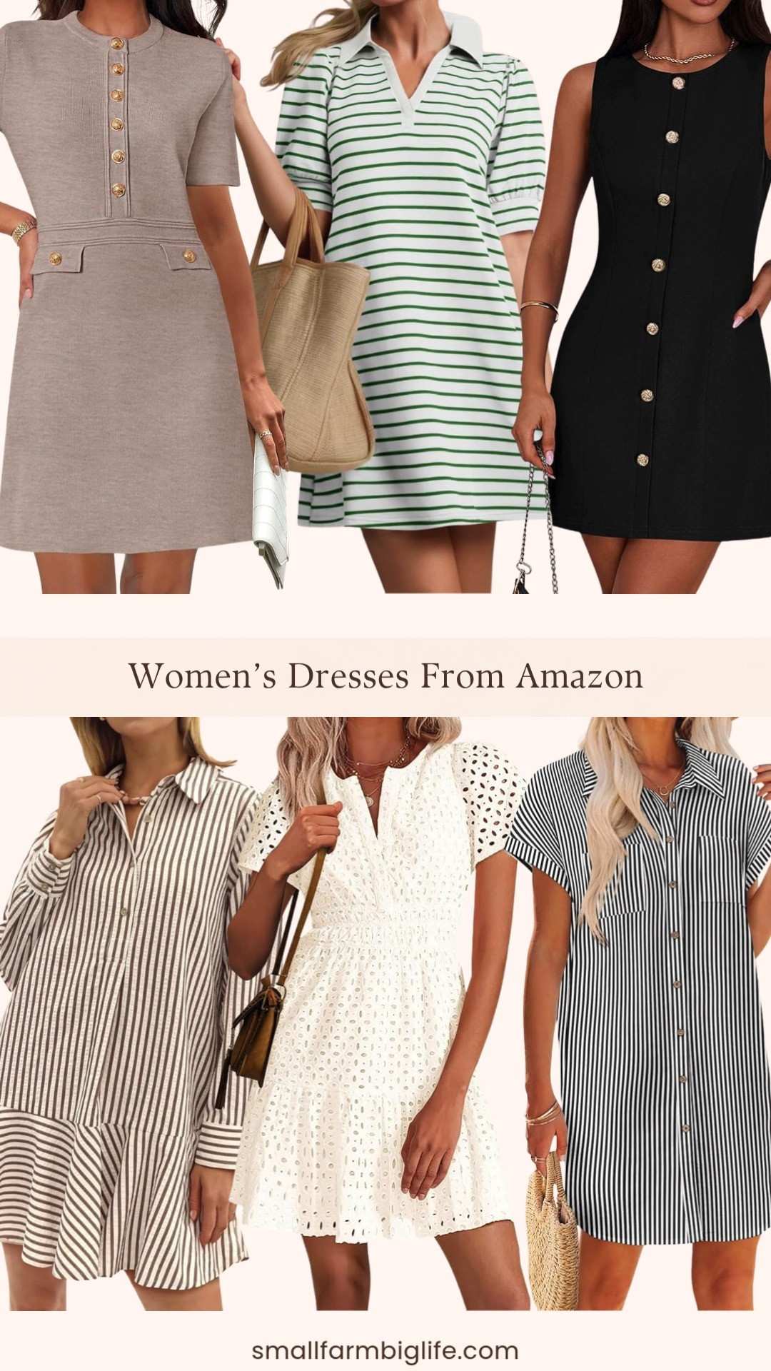 Spring dresses from Amazon and every single one of these is so good 🌿✨ I rounded up my favorites: a tan and white striped long sleeve collared button up mini dress with a ruffled hem, a green and white striped collared t-shirt mini dress, a black and white striped cotton button down short sleeve t-shirt dress, a white eyelet V neck A-line short dress, a black sleeveless gold button front dress, and a tan short sleeve bodycon sweater dress. So many different styles and silhouettes in this round up and all at such amazing Amazon prices. Whether you need something casual for everyday wear, a cute spring brunch outfit, or an easy dress to take on vacation there is something in this round up for you. Everything is linked! 🛒 

 #LTKgrwm #LTKootd #LTKOver40
