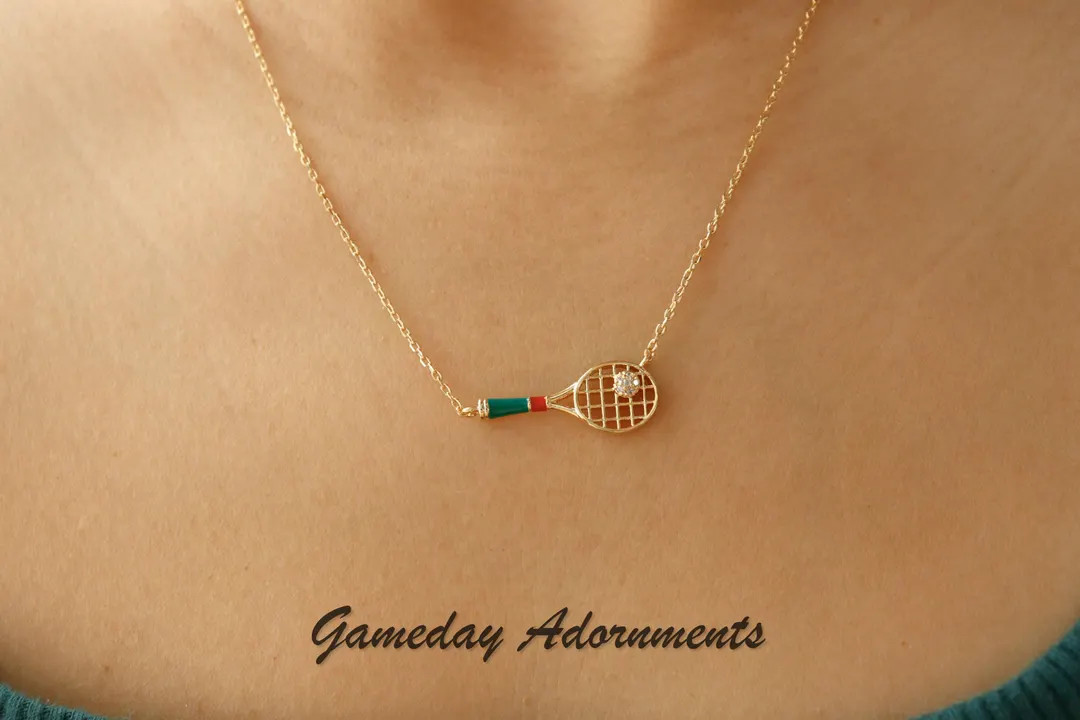 Tennis Racket Charm Necklace, Dainty Detailed CZ Ball Pendant, Gold Tennis Flair, Cute Enamel Spo... | Etsy (US)