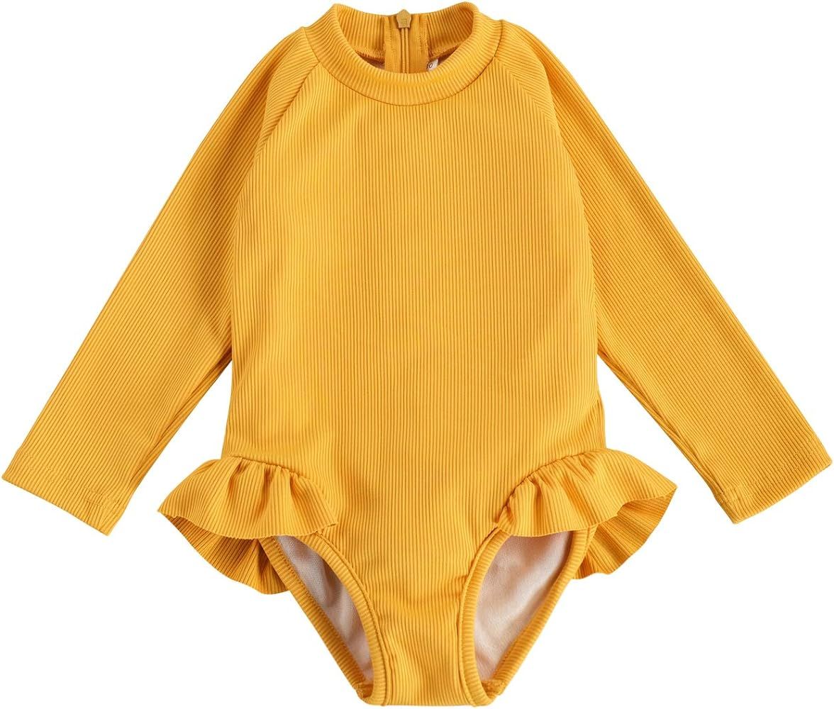 Merqwadd Toddler Baby Girl Swimsuit Rash Guard Long Sleeve One Piece Swimwear Bathing Suit for 1-5Ye | Amazon (US)