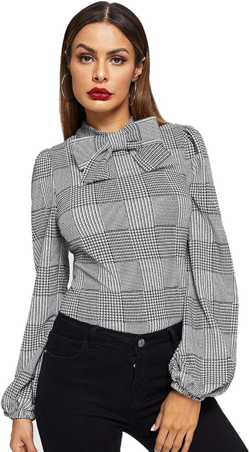 Romwe Women's Vintage Bow Tie Neck Bishop Sleeve Plaid Workwear Blouse Top | Amazon (US)