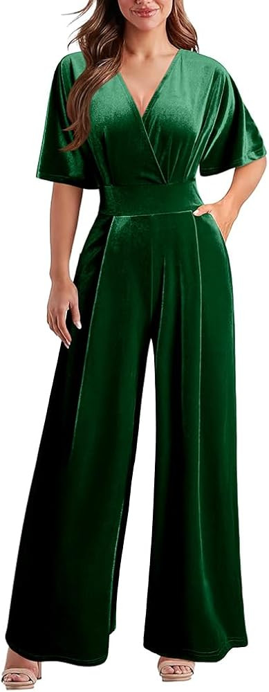 DAAWENXI Women's Casual Velvet V Neck Short Sleeve Jumpsuits Long Wide Pants One Piece Romper wit... | Amazon (US)