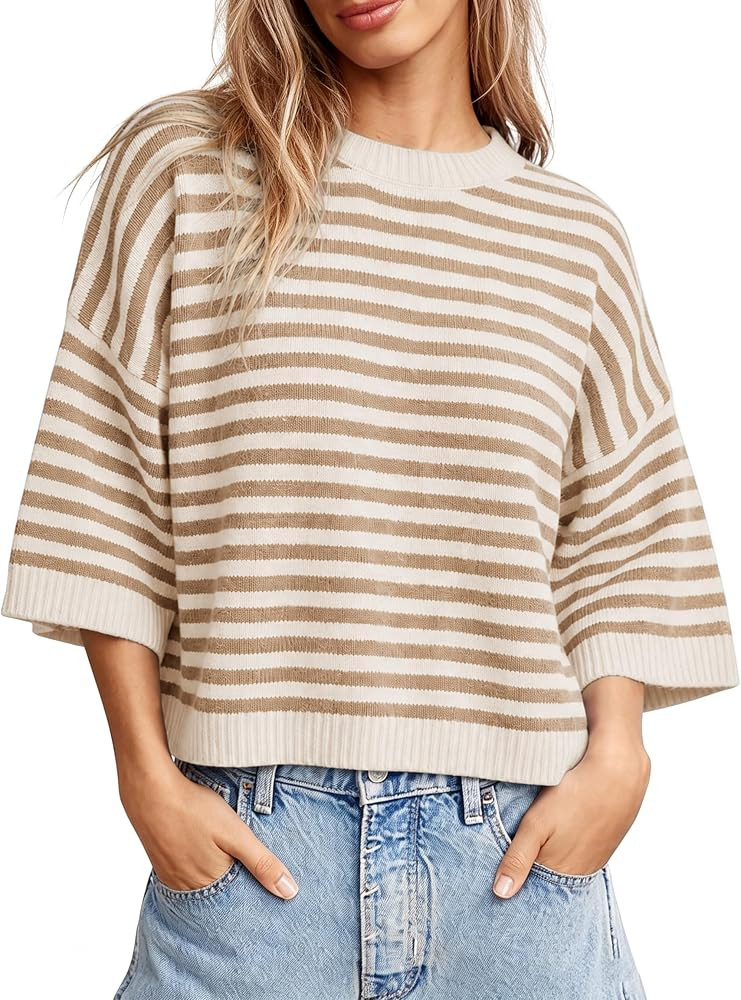 Springrain Women Striped Knit Sweater Crew Neck Tops Pullover | Amazon (US)