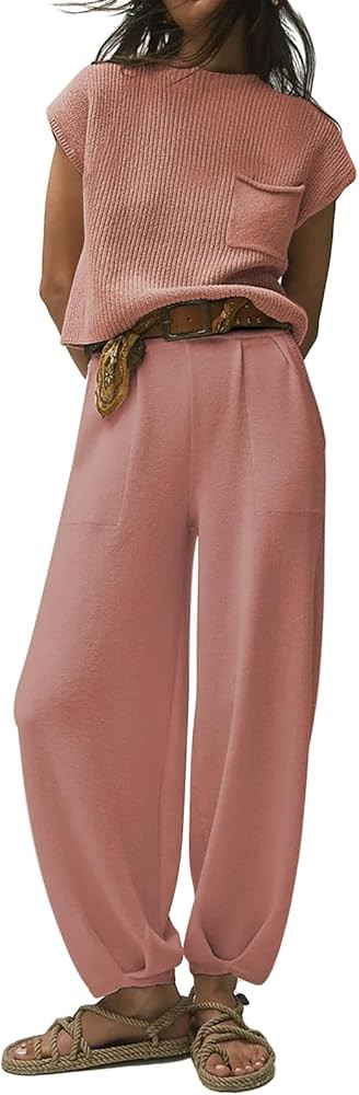 Pink Queen Women's 2 Piece Outfits Sweater Set Knit Pullover Top High Waisted Pants Matching Loun... | Amazon (US)