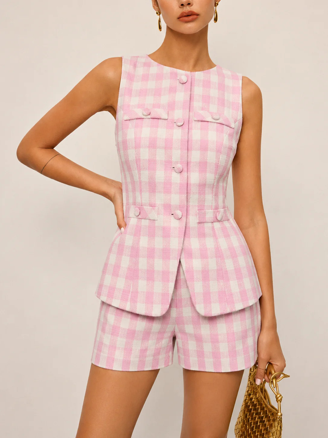 Gingham Sleeveless Vest & Shorts Set | Commense