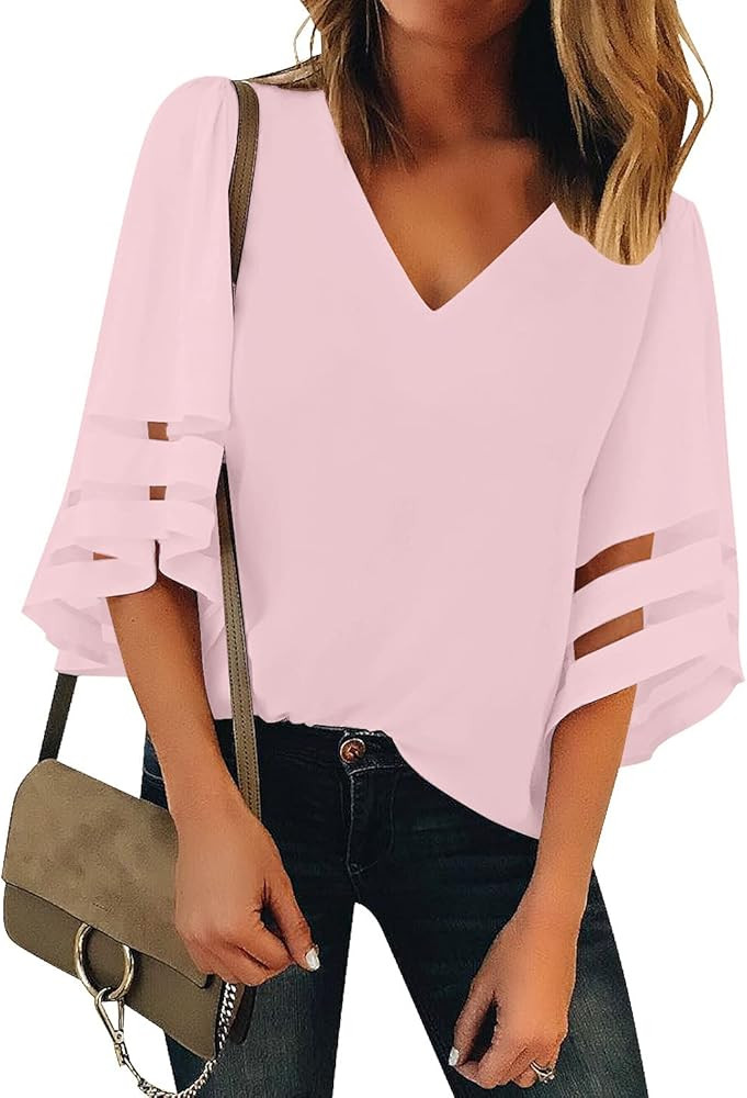 LookbookStore Women's V Neck Mesh Panel Blouse 3/4 Bell Sleeve Loose Top Shirt | Amazon (US)