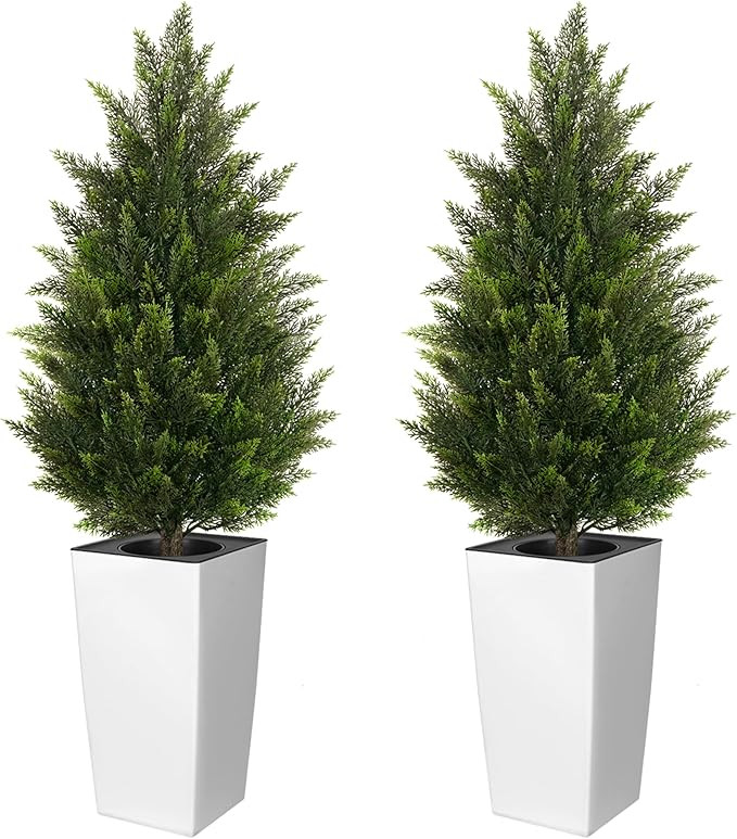 4FT Tall 2 Set Artificial Topiary Cedar Tree, Indoor Realistic Faux Cypress Plants with Square Fl... | Amazon (US)