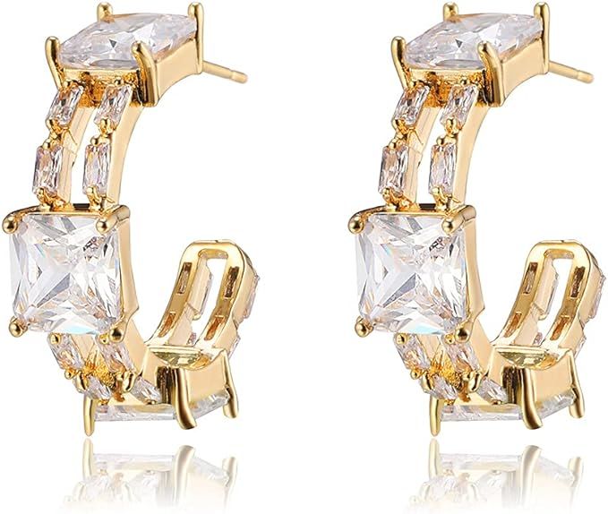 Cubic Zirconia Hoop Earrings for Women Girl - 14K Gold Plated Dainty Open C Hoop with Sterling Si... | Amazon (US)