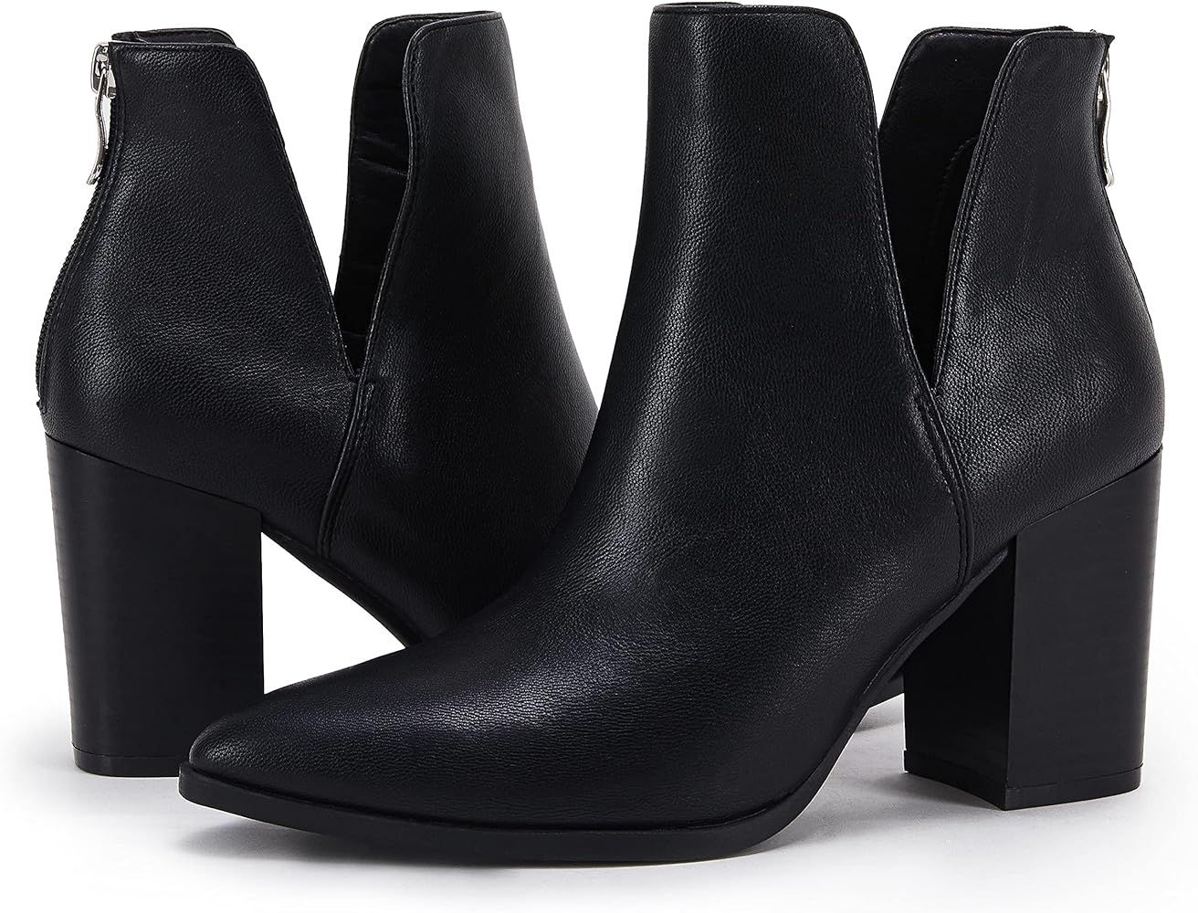 Women's Ankle Boots Slip on Cutout Pointed Toe Fall Winter Chunky Stacked Mid Heel Booties | Amazon (US)