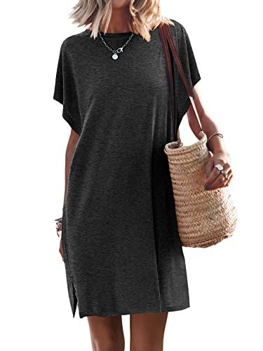 ANRABESS Women’s Summer Short Sleeve T-Shirt Dress Casual Loose Oversized Slit Mini Tee Dress Beach Cover Up Tunic 2024 Fashion Cute Boyfriend Tops Dark Gray Medium | Amazon (US)