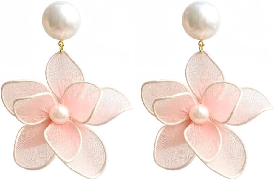 Large Fabric Pearl Flower Earrings for Women Big Floral Dangle Statement Earrings Lightweight Pla... | Amazon (US)