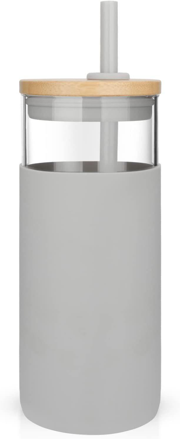 tronco 20oz Glass Tumbler Straw Silicone Protective Sleeve Bamboo Lid - BPA Free (French Grey) | Amazon (US)