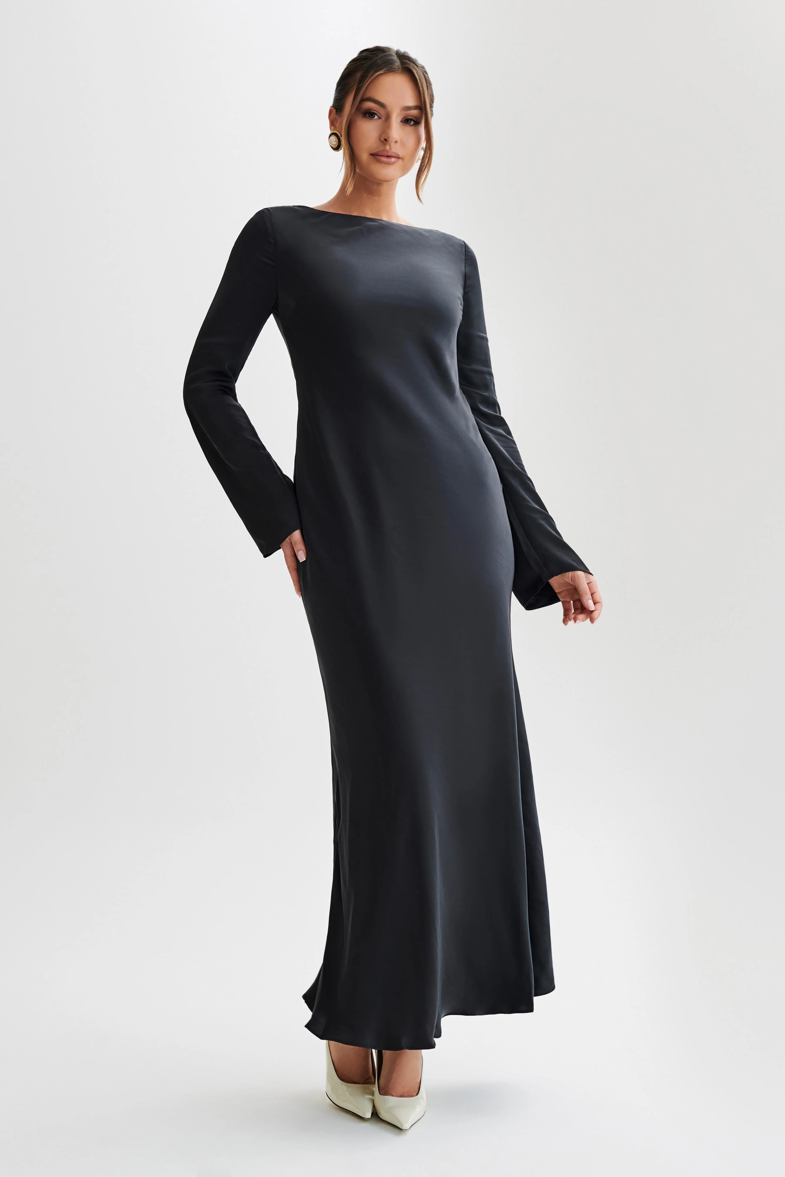 Rayleigh Long Sleeve Satin Maxi Dress - Black | MESHKI US