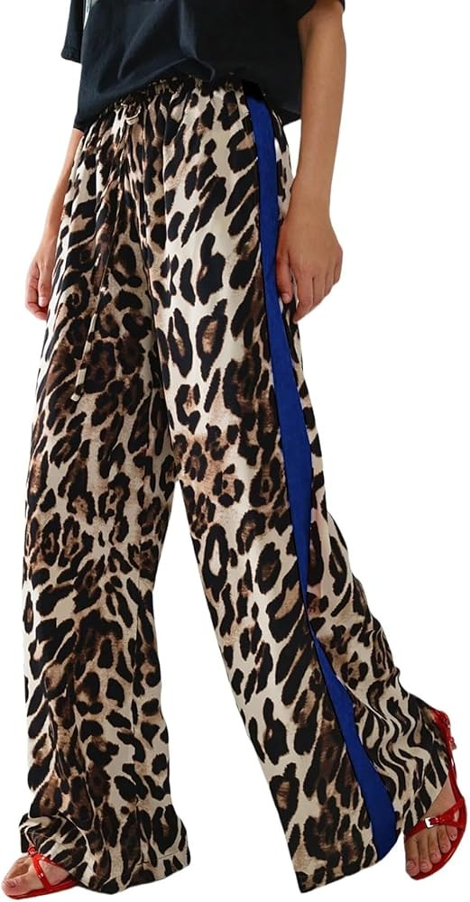 Charfille Women's Casual Pants Drawstring Leopard Print Color Block Side Striped Straight Leg Wid... | Amazon (US)