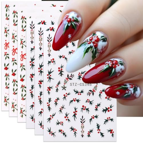 Christmas Nail Art Stickers 3D Holly Leaf Nail Decals 6PCS Green Holly Leaves Red Berries Joy Design 3D Self-Adhesive Christmas Nail Stickers Manicure Nail Art Supplies for Women DIY Nail Decorations | Amazon (US)