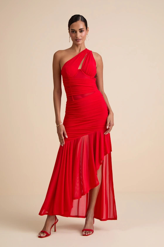 Marcellina Red Mesh Ruched One-Shoulder Maxi Dress | Lulus