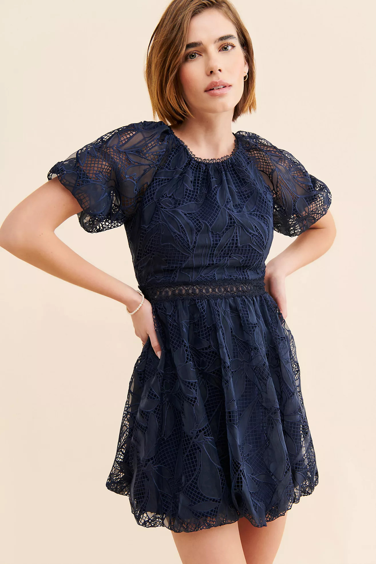 ML Monique Lhuillier Lace Puff Sleeve Mini Dress | Anthropologie (US)