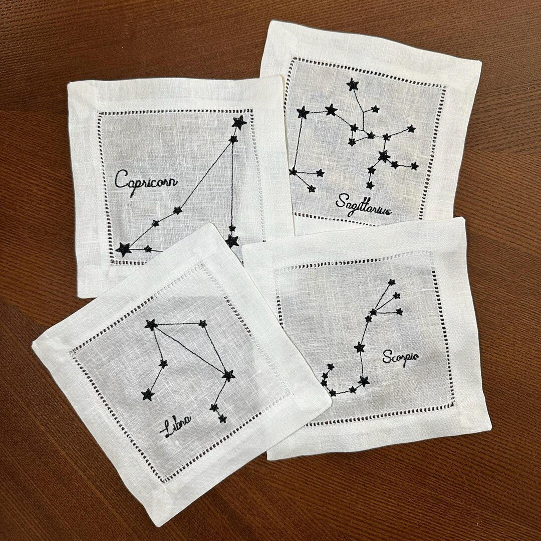 Embroidered Zodiac Libra Star Sign Cocktail Napkin Set Hostess Coasters Birthday Scorpio Virgo Sa... | Etsy (US)